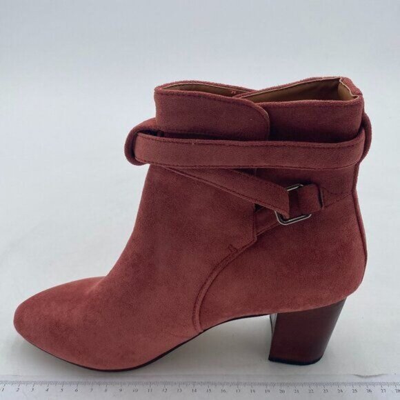 YDN Firebrick Block Low Heel Suede Cowgirl Boots Pull on Ankle Boot with Buckle - Picture 2 of 8